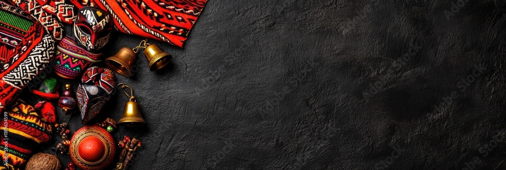 Naklejka premium Colorful artisan crafts, masks, bells; dark background; website banner