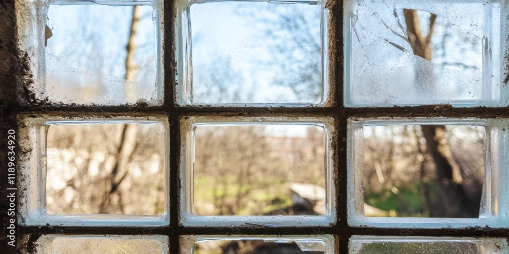 Naklejka premium A Scenic View Through a Beautiful Frosted Glass Window in a Rustic and Cozy Setting