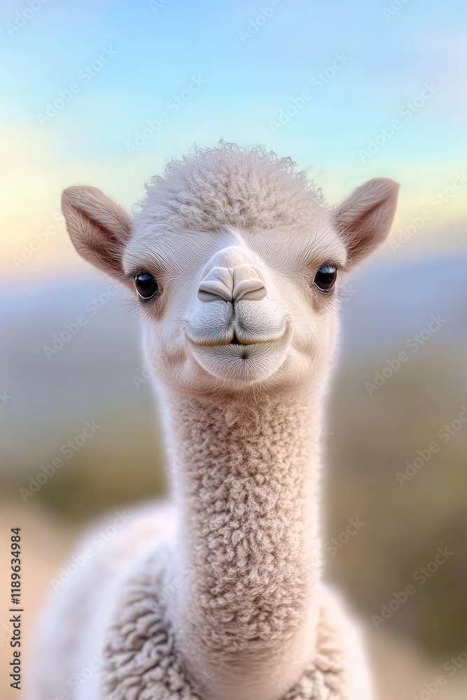 Obraz premium Cute funny baby camel on the background of natural landscape, beautiful scene