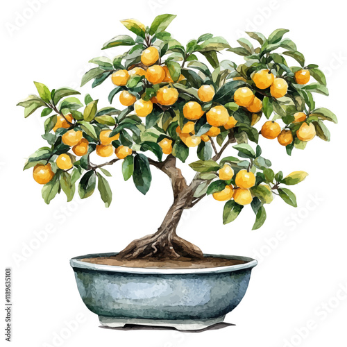 A watercolor illustration of a loquat bonsai, isolated on a white background. Loquat bonsai vector.
