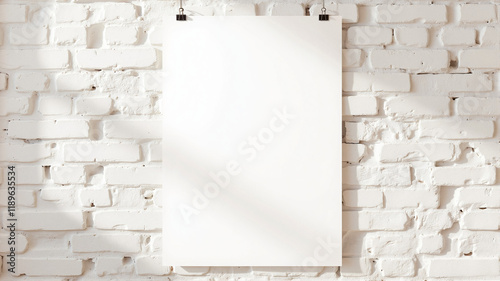 Blank hanging poster mockup on white brick wall - perfect for design presentations, advertising campaigns, art galleries, and interior decor visualization photo