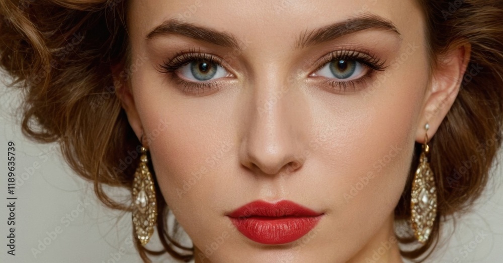 Fototapeta premium A close-up portrait featuring soft, wavy brown hair and a single dangling earring, set against a light background