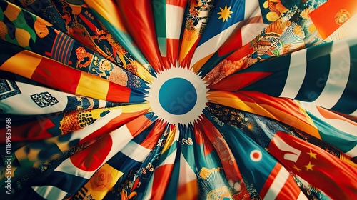 An abstract representation of Asian flags blended with cultural motifs, forming a colorful tapestry,
