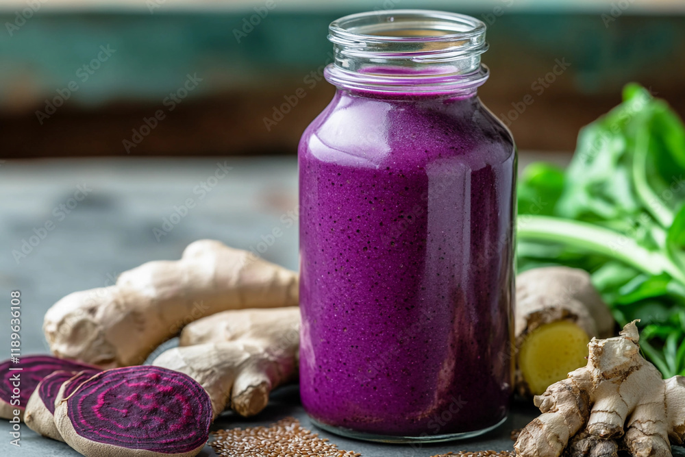 Healthy purple smoothie featuring fresh ingredients on a rustic table