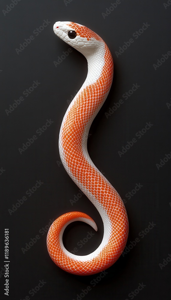 Fototapeta premium Orange and white snake coiled on black background. Striking scales and elegant posture.
