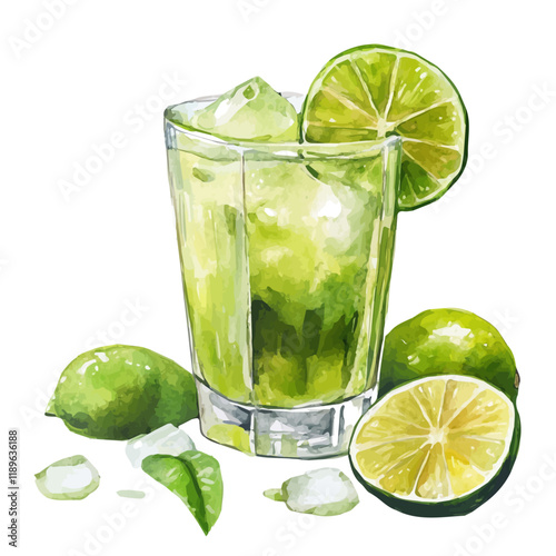 A watercolor clipart of lime juice, isolated on a white background. Lime juice vector.
