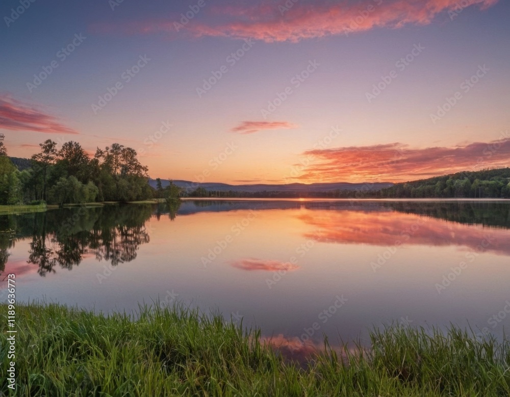 Fototapeta premium Serene lake at sunset, reflecting vibrant pink and orange hues, surrounded by lush greenery and gentle hills under a twilight sky