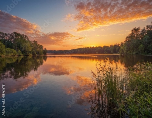 Serene lake at sunset, reflecting vibrant clouds and surrounding greenery, creating a peaceful and picturesque landscape