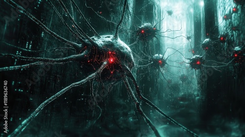 Intricate neural network structures populate a dark digital environment, with luminous red nodes interconnected by glowing tendrils