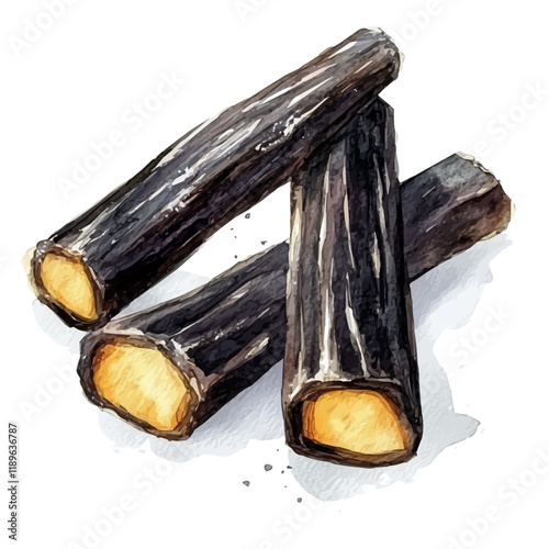 A watercolor drawing of licorice, isolated on a white background. Licorice vector.
