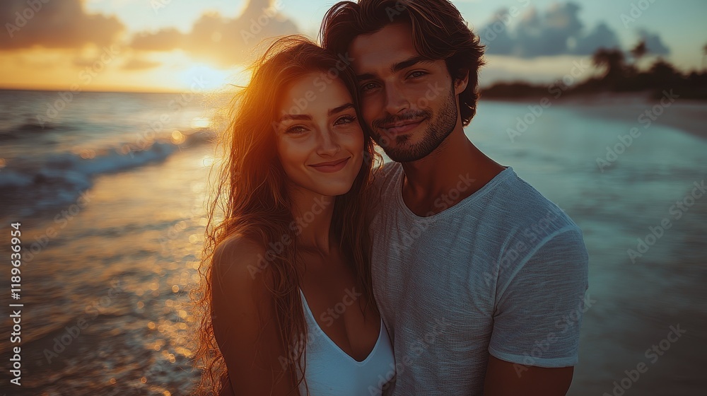 A couple embraces on the beach during a sunset, radiating love and warmth. A couple embraces on the beach during a sunset, radiating love and warmth.