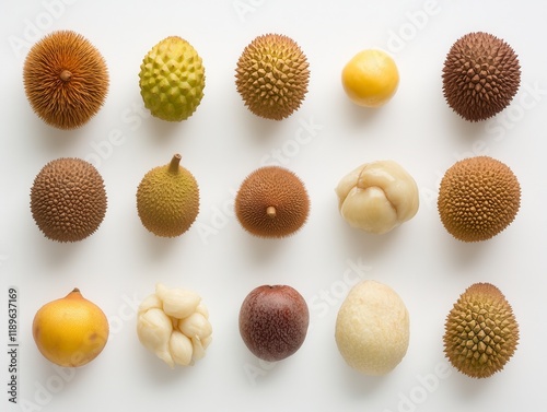 Exotic Thai Fruits Artfully Arranged - Vibrant Durian, Lychee, Longan on White Background for Food and Cultural Themes