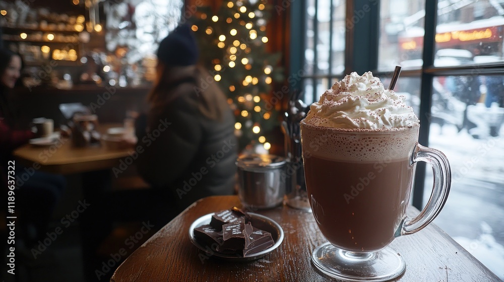 Hot chocolate with whipped cream and chocolates in a cozy cafe. Hot chocolate with whipped cream and chocolates in a cozy cafe.