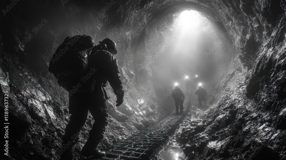 Fototapeta premium Explorers with backpacks navigate a dark, narrow cave tunnel towards a bright light.