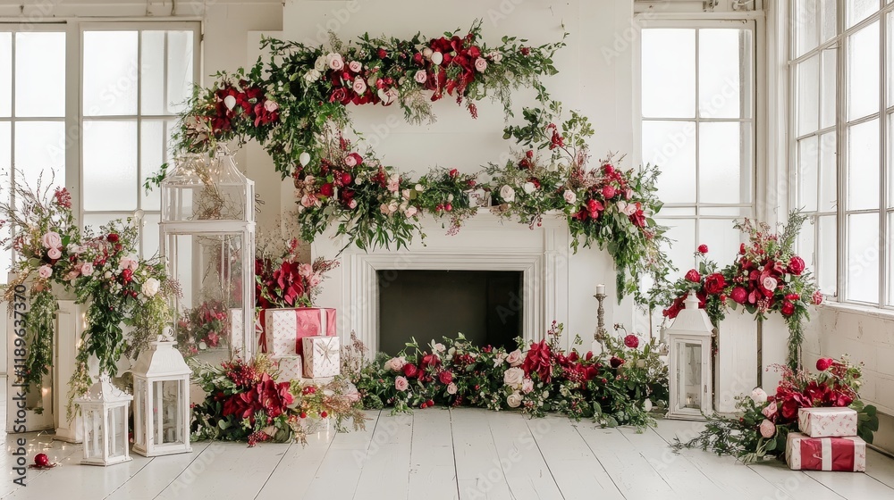 Fototapeta premium A welcoming Christmas backdrop featuring a warm fireplace, festive garlands, vibrant colors, and charming decor elements, perfect for family gatherings and holiday festivities.