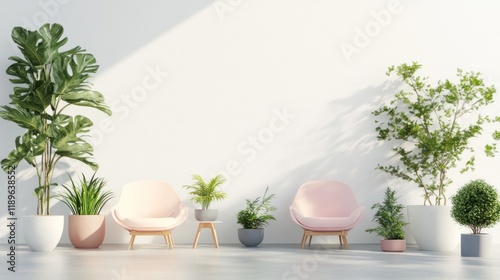 Wallpaper Mural Minimalist living room with pink chairs and potted plants against a white wall. Torontodigital.ca