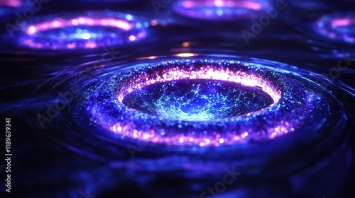 Glowing circular patterns emerge from a dark fluid surface, representing the complex interactions and principles of quantum computing. The vibrant colors illustrate advanced technology concepts