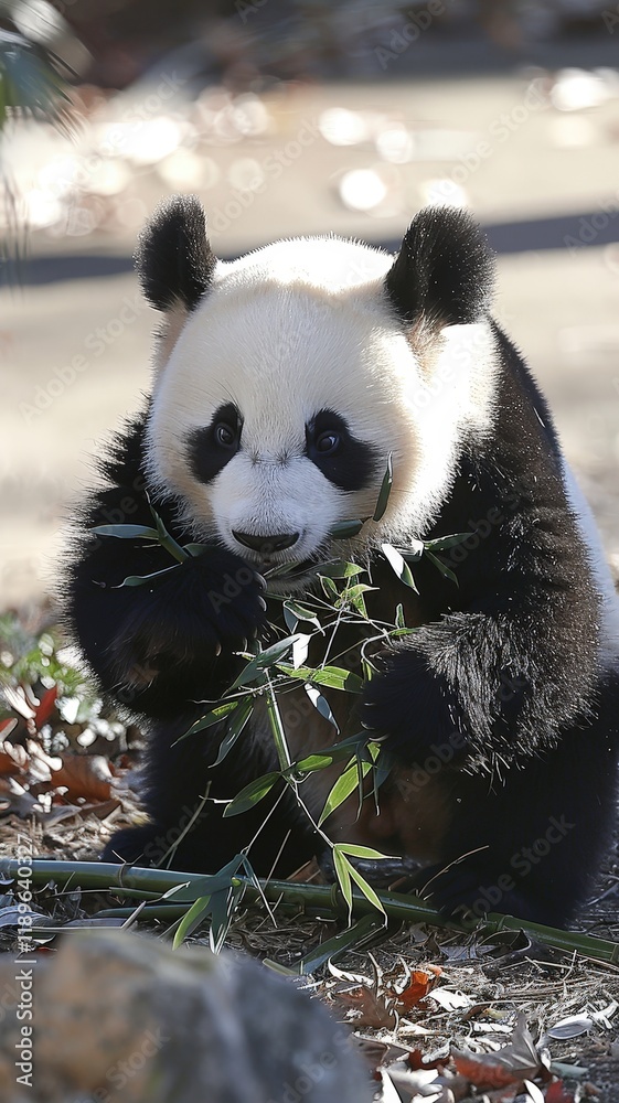 Fototapeta premium A baby panda is eating bamboo