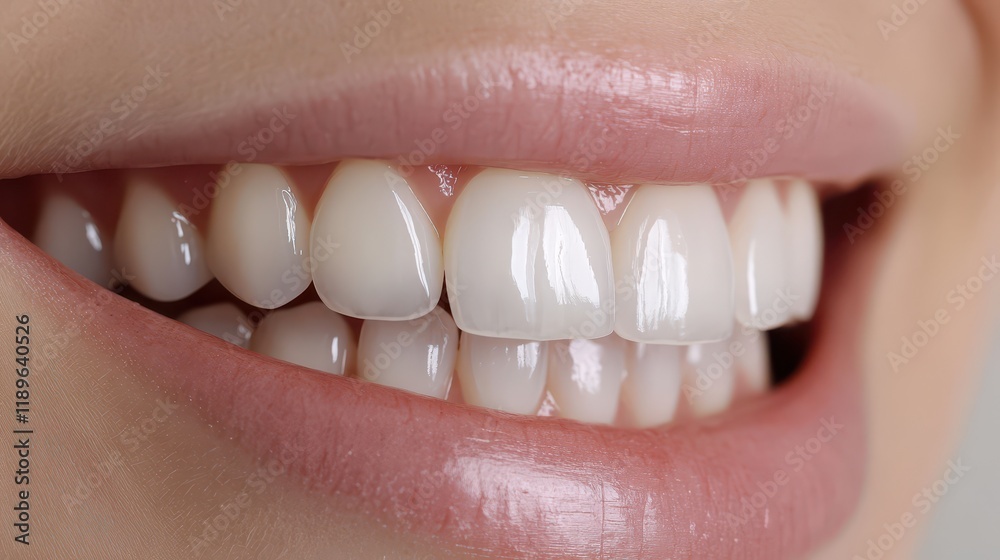 Fototapeta premium Doctor checking young woman's teeth color on light grey background, closeup. Dental veneers