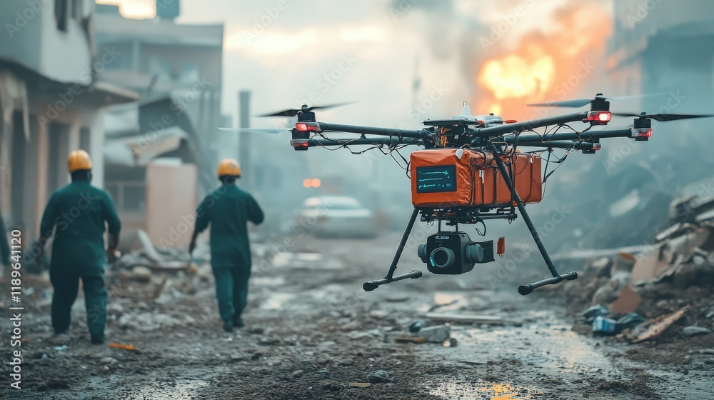 A drone is deployed in an urban disaster area, assisting rescue teams A drone is deployed in an urban disaster area, assisting rescue teams