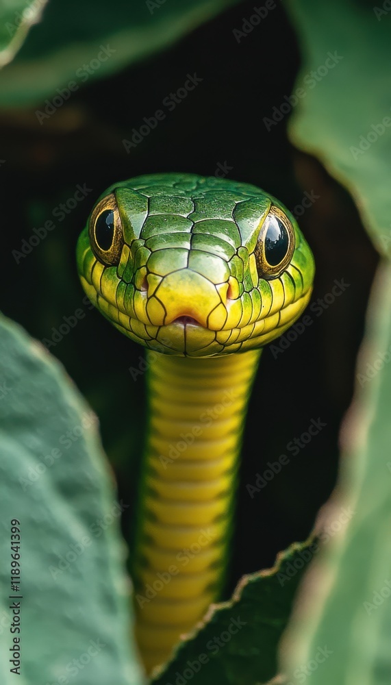 Close-up of a vibrant green snake peeking from lush foliage. Its scales shimmer, eyes intense. Close-up of a vibrant green snake peeking from lush foliage. Its scales shimmer, eyes intense.
