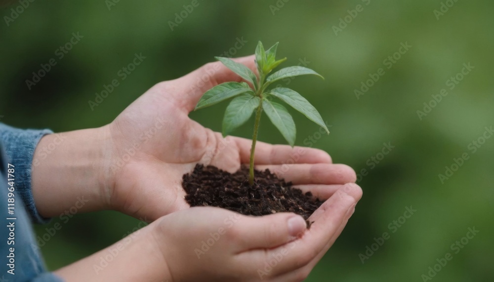 Two hands gently cradle a small plant with green leaves and soil, symbolizing growth and nurturing in nature Two hands gently cradle a small plant with green leaves and soil, symbolizing growth and nurturing in nature
