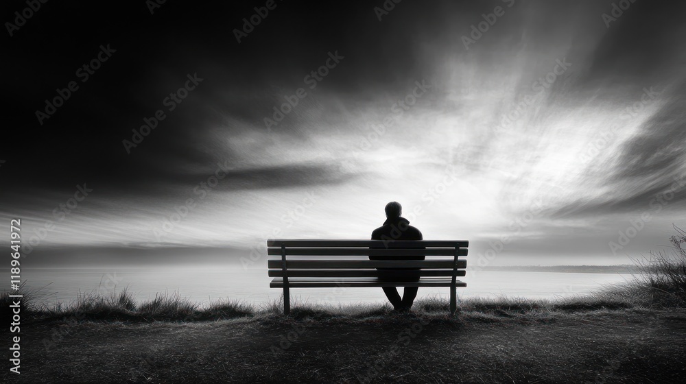 Solitary figure sits on bench overlooking dramatic seascape at dawn. Solitary figure sits on bench overlooking dramatic seascape at dawn.