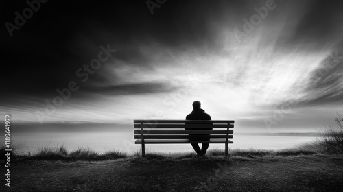 Solitary figure sits on bench overlooking dramatic seascape at dawn.