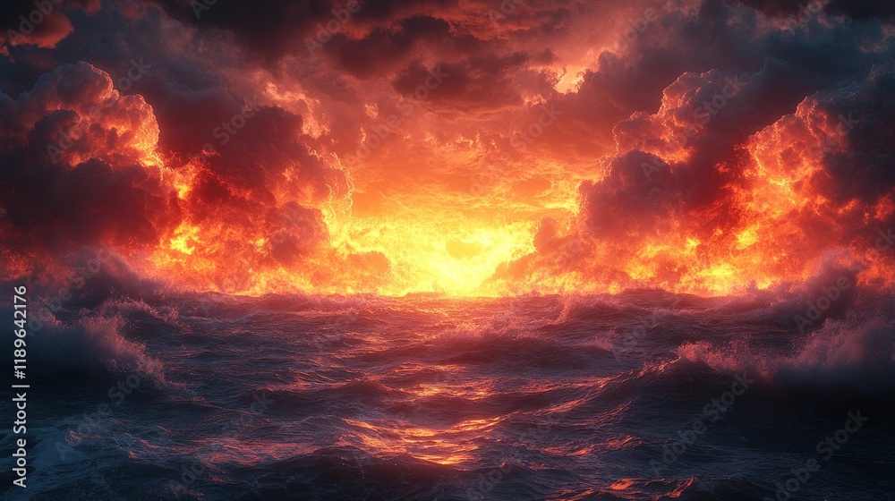 Fototapeta premium Fiery sunset over a stormy sea.