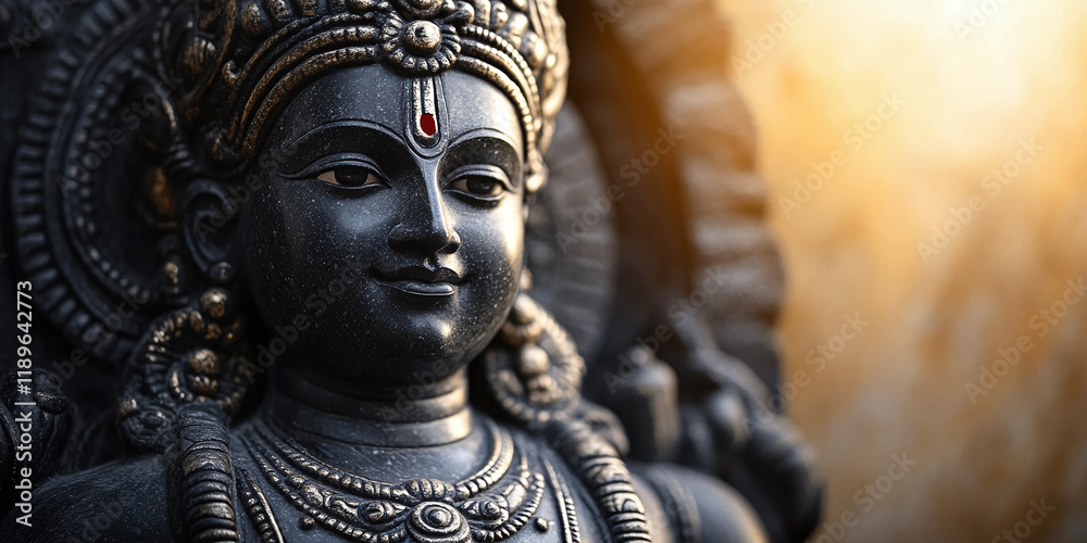 Obraz premium Close-up of an intricately crafted black stone deity statue, highlighted by dramatic lighting against a dark, textured backdrop. The fine details and carvings showcase exceptional