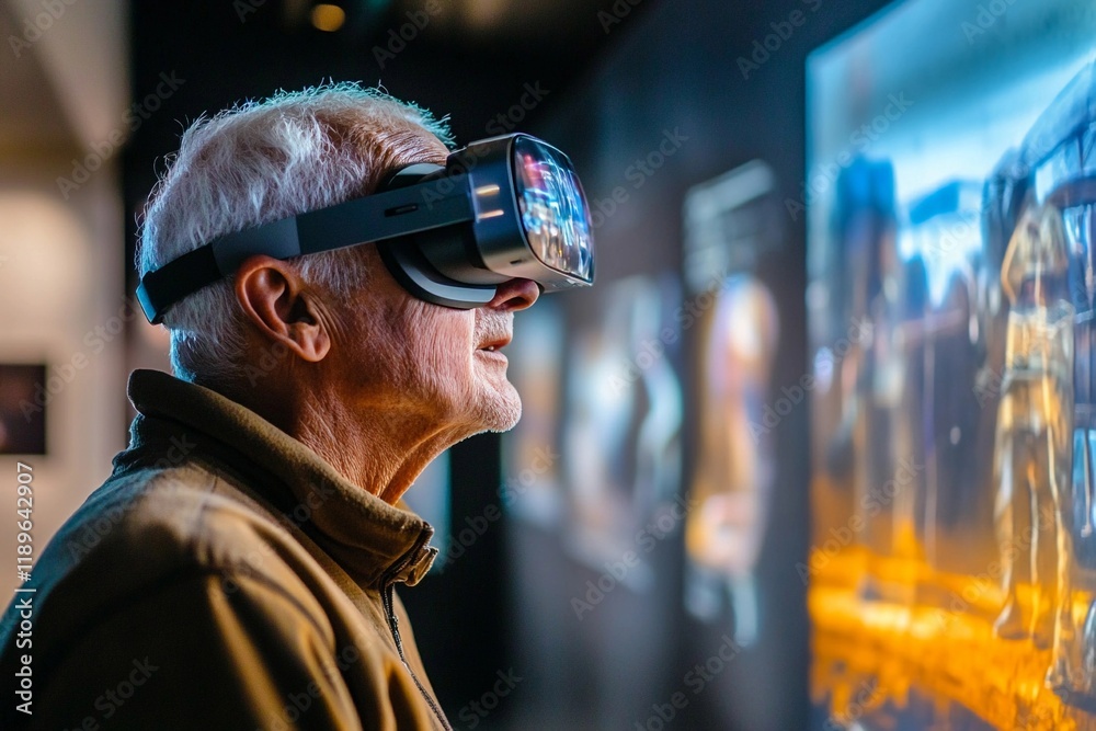 An elderly man using augmented reality glasses to experience the digital world An elderly man using augmented reality glasses to experience the digital world