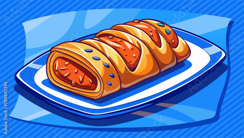 Closeup of sausage roll as a snack on blue table