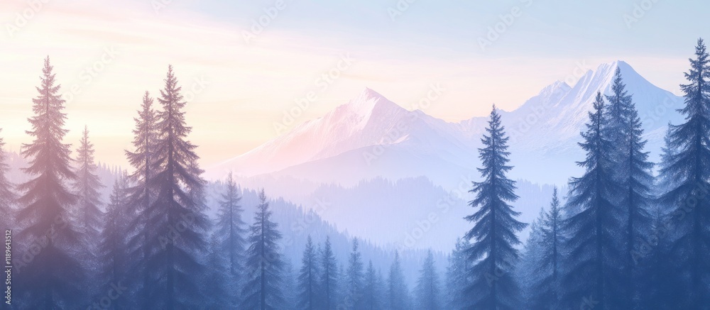 Fototapeta premium Misty mountain sunrise over evergreen forest