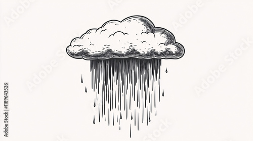 a hand-drawn black and white illustration of a rain cloud with long streaks of rain falling on a plain background
