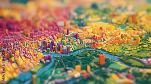 A stylized map of Bangalore with vibrant colors, showcasing neighborhoods and parks,
