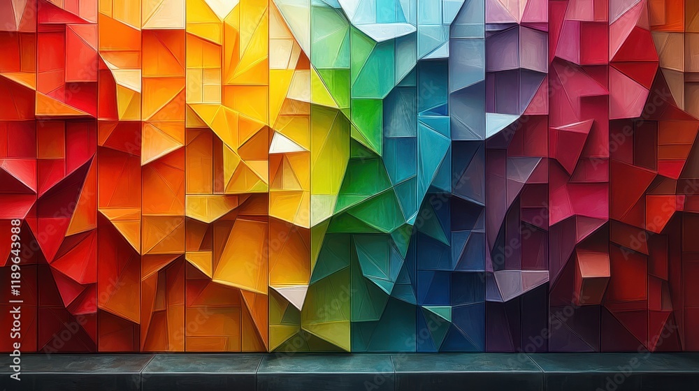 A vibrant, geometric mural featuring a spectrum of colors and shapes. A vibrant, geometric mural featuring a spectrum of colors and shapes.