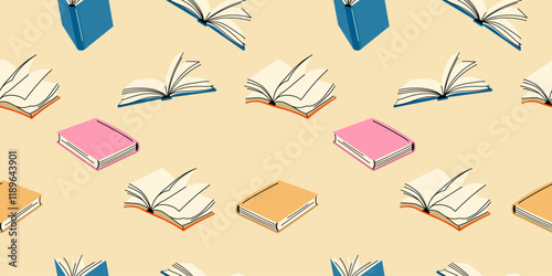  Seamless Pattern of Open and Closed Books on a light Background
