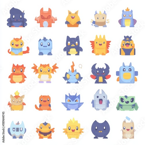 Wallpaper Mural A huge set of monster icons. Happy Halloween mood. Cute cartoonish kawaii baby character. Fun head design with colorful silhouette, eyes, horns, teeth, fangs, and tongue. Arms shown up and down. Flat Torontodigital.ca