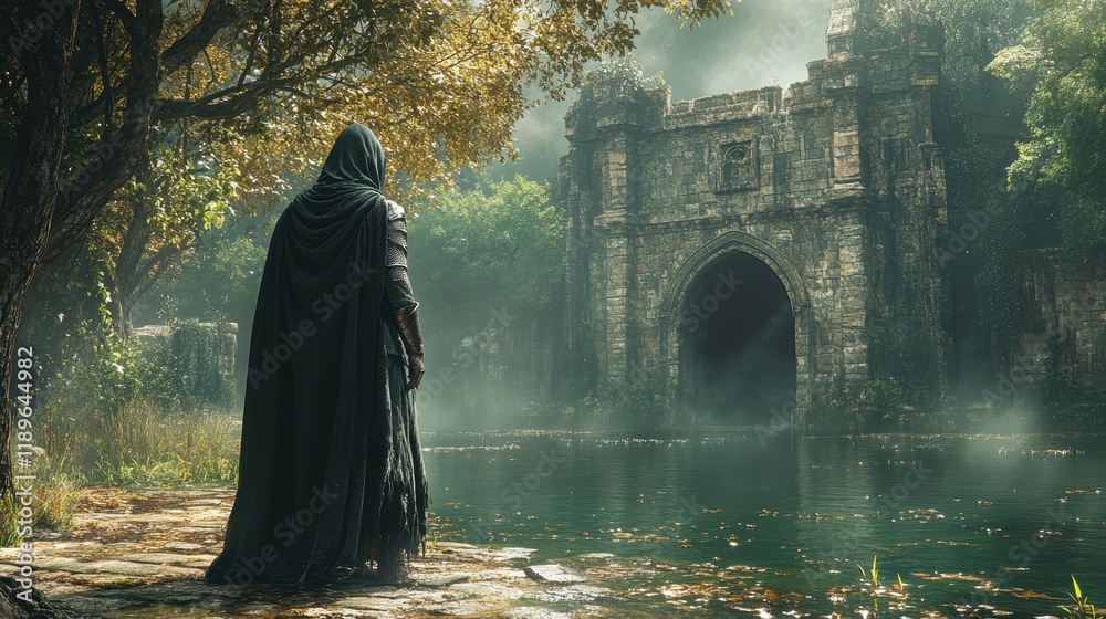 A cloaked figure stands by a misty lake, gazing at an ancient stone structure.