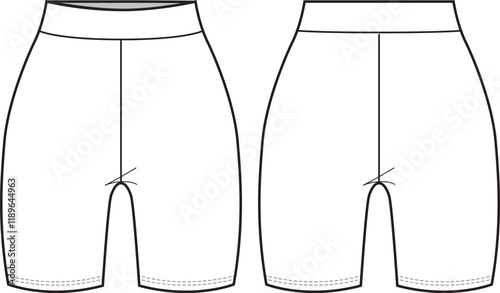 Unisex Cycling Shorts- Technical fashion illustration. Front and back, white color. Unisex CAD mock-up.