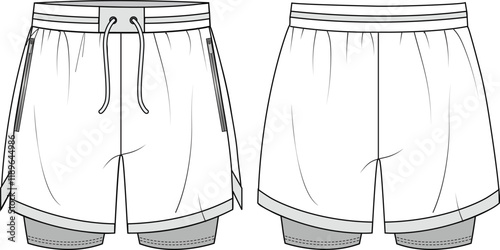 Unisex Performance Running Shorts- Technical fashion illustration. Front and back, white color. Unisex CAD mock-up.