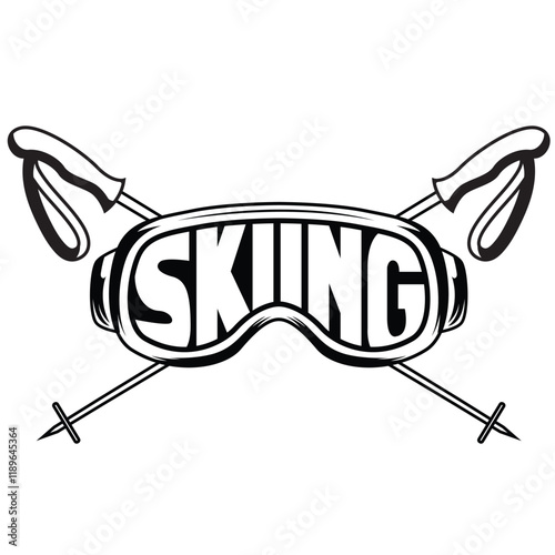 Ski goggle with skiing text vector illustration. Black and white team or sport club emblem design