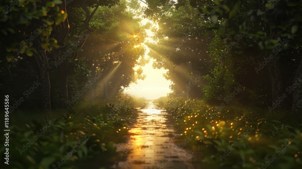 Obraz premium serene forest path illuminated by golden sunlight, surrounded by lush greenery and soft foliage. tranquil atmosphere invites exploration and reflection