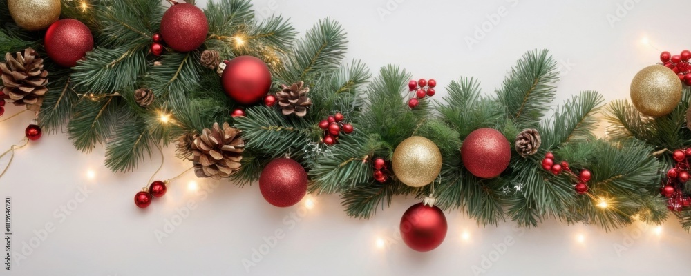 A festive garland featuring green pine, red and gold ornaments, pinecones, and berries, accented with soft white twinkling lights A festive garland featuring green pine, red and gold ornaments, pinecones, and berries, accented with soft white twinkling lights