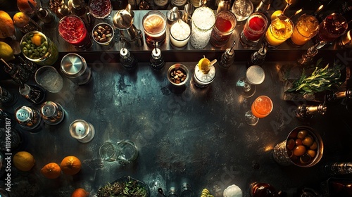 A striking overhead view of a bar counter with various cocktails, shakers, and decorative garnishes arranged artistically.