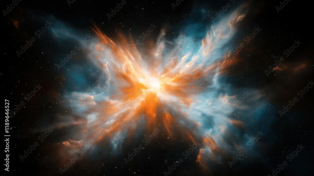Obraz premium Cosmic explosion illustration shows vibrant burst light color deep space. Vivid colors nebula form stunning abstract artwork. Intense energy emanates from central point creating dynamic visual