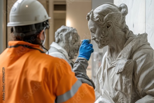 Museum staff conduct routine maintenance on sculptures to preserve and protect cultural heritage during a conservation project photo