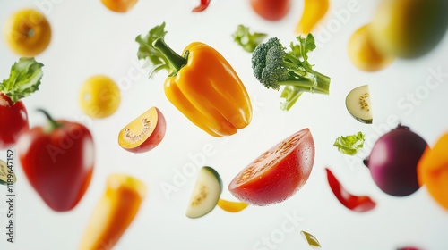 Fototapeta Naklejka Na Ścianę i Meble -  Different fresh fruits and vegetables in air on white background