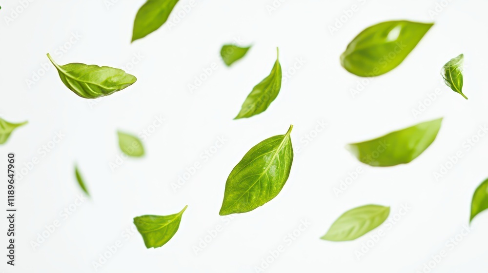 Fresh basil leaves in air on white background Fresh basil leaves in air on white background