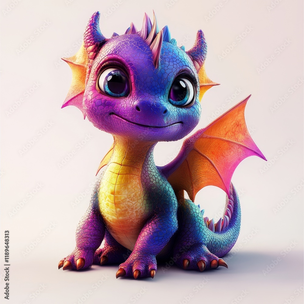 Fototapeta premium Colorful cute cartoon fairy baby dragon with wings in 3D on a white background, Stock